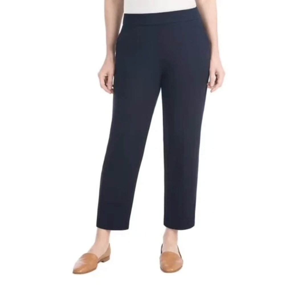 Hilary Radley LG Crepe Pull-On Pants Textured Stretch Flat Front Slacks Blue